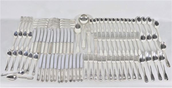 Chiseled and embossed silver metal cutlery set (98 pcs)
