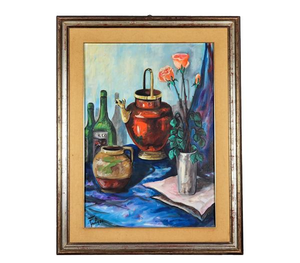 Alba Feula Peri - Firmato e datato 1974. "Natura morta di brocche, bottiglie e vaso con rose" dipinto ad olio su tela