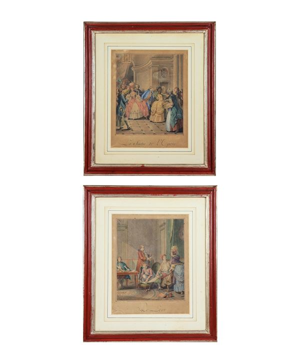 Pair of antique French colored prints "The exit from the Opera" and "The morning awakening"