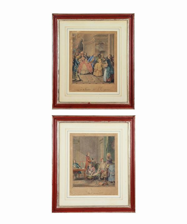 Pair of antique French colored prints "The exit from the Opera" and "The morning awakening"