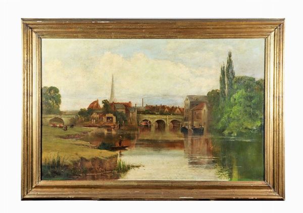 Pittore Francese XIX Secolo - "Paesaggio con villaggio, ponte e corso d'acqua" dipinto ad olio su tela