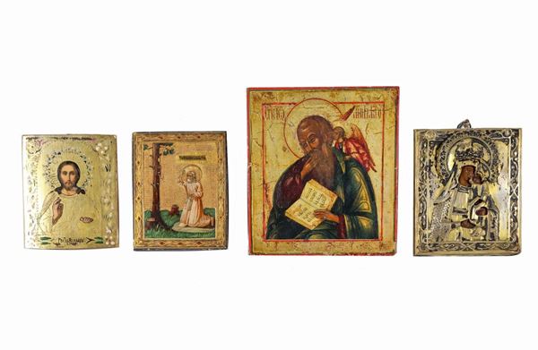 Lot of four small Russian icons "Christ, Madonna with Child and Saints"