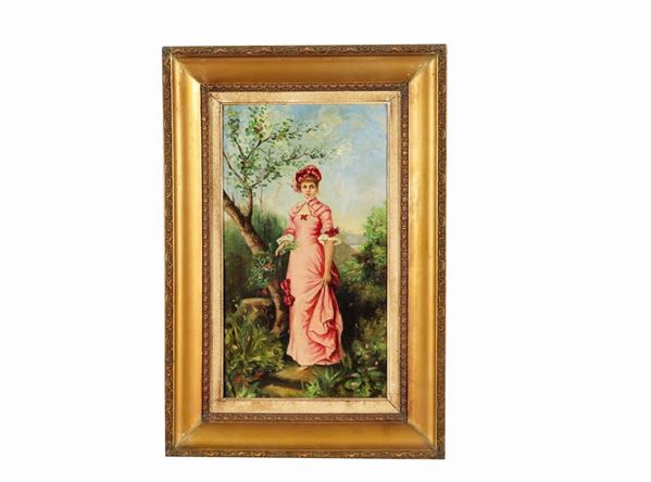 Pittore Francese Fine XIX Secolo - Signed. "Young girl in the flower garden" bright small oil painting on canvas