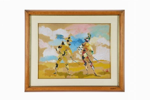 Antonio Vangelli - Signed. "Gladiators" painted in oil on cardboard