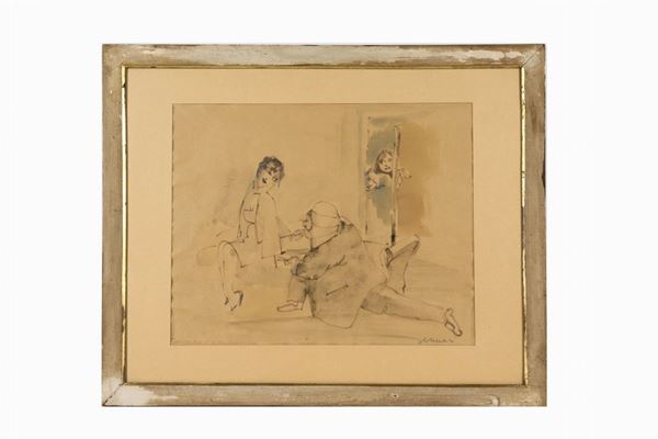 Mino Maccari - Signed. "Figures" watercolor on paper