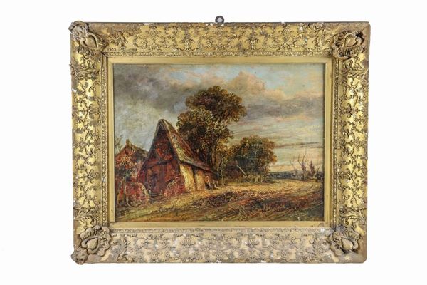 Scuola Olandese Fine XIX Secolo - "Landscape with peasant village" oil painting on canvas