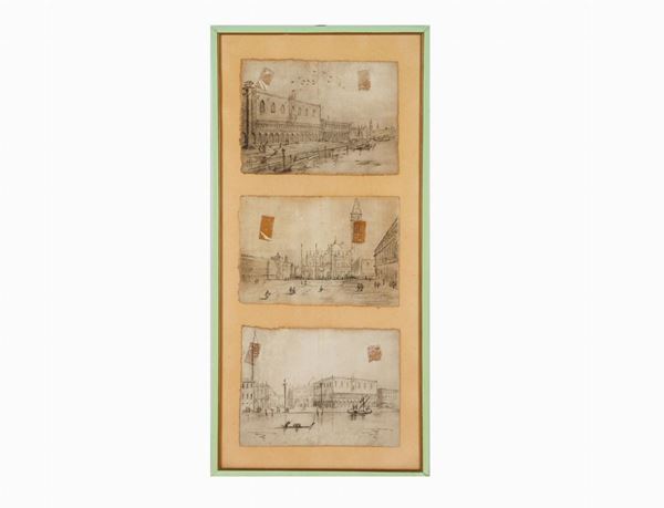 Tre antichi piccoli disegni a penna su carta "Vedute di Venezia" racchiusi in unica cornice