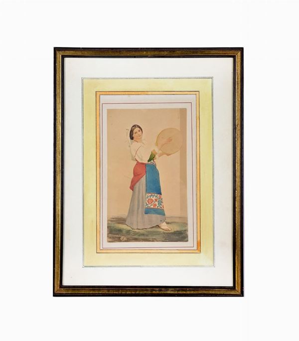 Antique small watercolor on paper "Lazio people with tambourine"