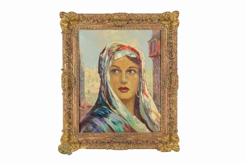 Firmato. "Ragazza araba" dipinto ad olio su tela