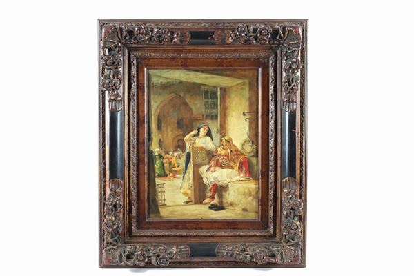 Pittore Italiano Inizio XX Secolo - Signed. "Gallant meeting at the Casbah" small oil painting on wood