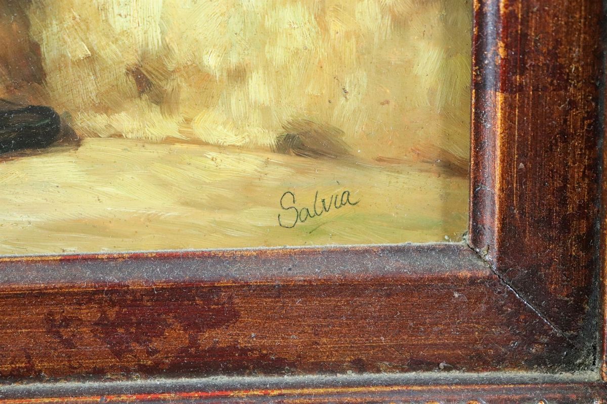 Firmato. "Incontro galante alla Casbah" piccolo dipinto ad olio su tavola
