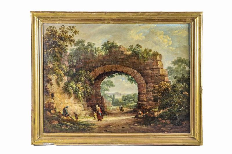 "Paesaggio con rudere di arco, viandanti e contadini" dipinto ad olio su tela