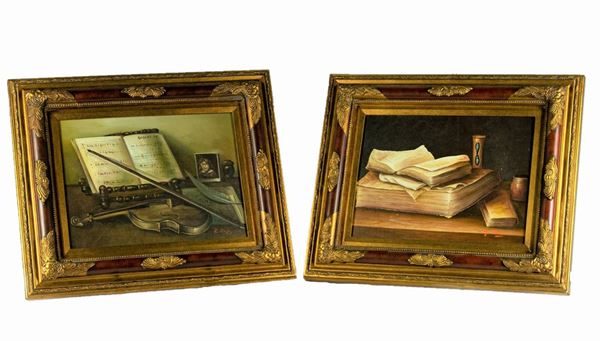 Pittore Francese XX Secolo - &quot;Nature morte con strumenti musicali e libri&quot; 
