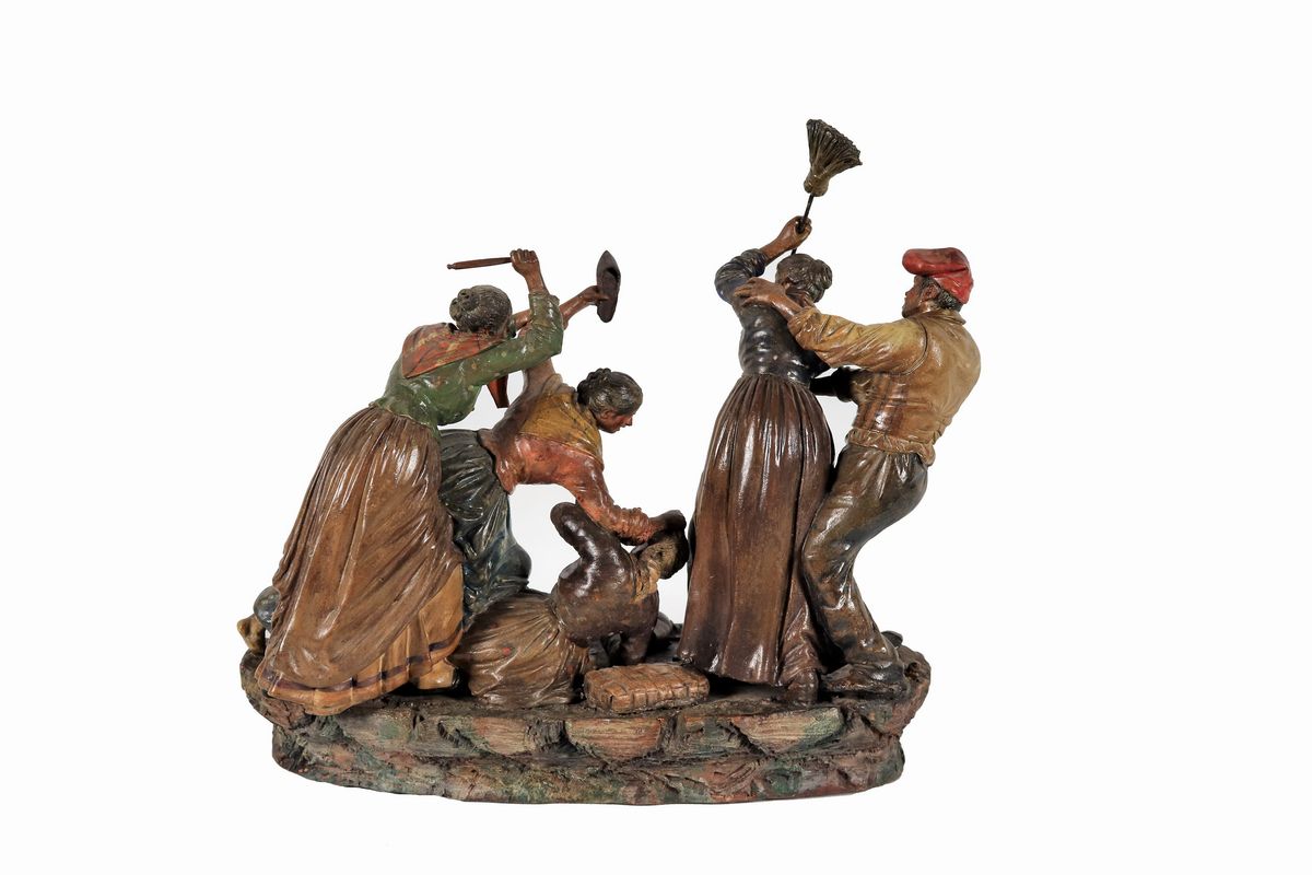Gruppo in terracotta policroma "Lite tra comari"