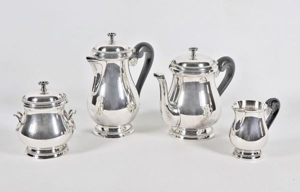 Servizio da tè e caffè in metallo argentato con profili perlinati e manici ebanizzati (4 pz)