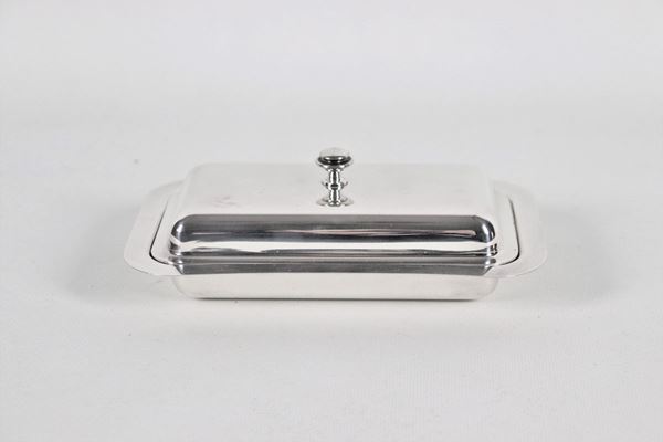 Rectangular butter dish in silver metal with crystal bowl inside