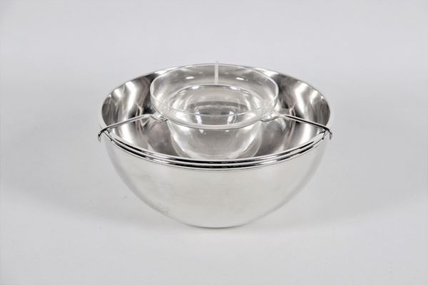 Coppa portacaviale in metallo argentato con vaschetta in cristallo