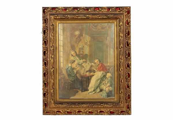 French colored print "Morning breakfast" in gilded and carved frame
