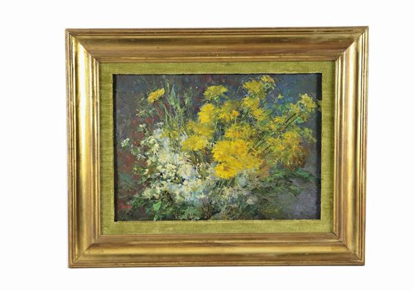 Emilio Borsa - Signed. "Bunch of flowers" painted in oil on pressed cardboard