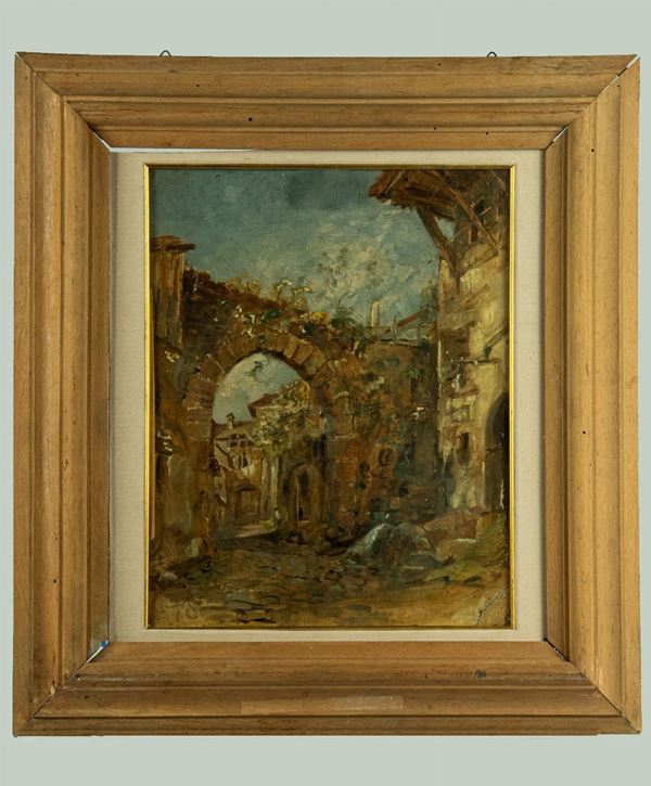 Pittore Italiano XX Secolo - &quot;View of the village with arch and houses&quot;