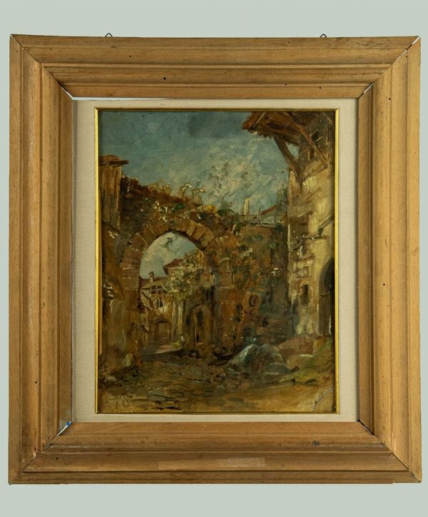Pittore Italiano XX Secolo - &quot;Scorcio di paese con arco e case&quot; 