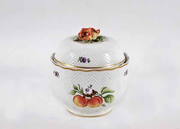 Round sugar bowl in Hungary porcelain with colorful decorations with flower and fruit motifs