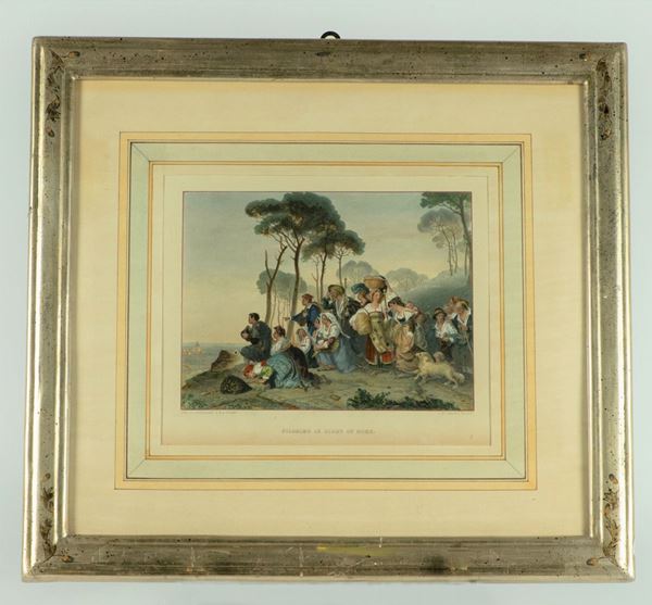 English watercolor print &quot;Pilgrims in sight of Rome&quot;