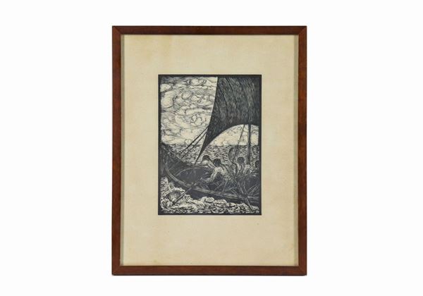 Etching on paper "Stormy sea with fishing boats". Signed