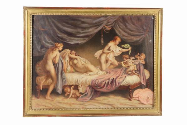 Pittore Francese Fine XIX Secolo - "Allegoria di Amorini con Ninfe" dipinto ad olio magro su tela