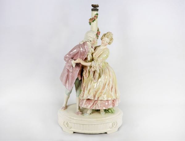 Ancient large group "Gallant scene" in polychrome glazed ceramic and porcelain