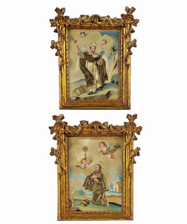 Elmo Marianna (Lecce 1730) - Signed. "Saints" pair of paintings on glued silk thread embroidery