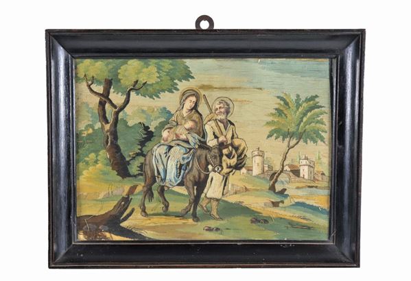 Elmo Marianna (Lecce 1730) - "La Fuga in Egitto" dipinto su ricamo a fili di seta incollati