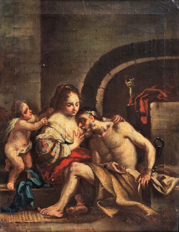 Pittore Napoletano Fine XVII Secolo - "La Carità Romana" dipinto ad olio su tela di ottimo tratto pittorico