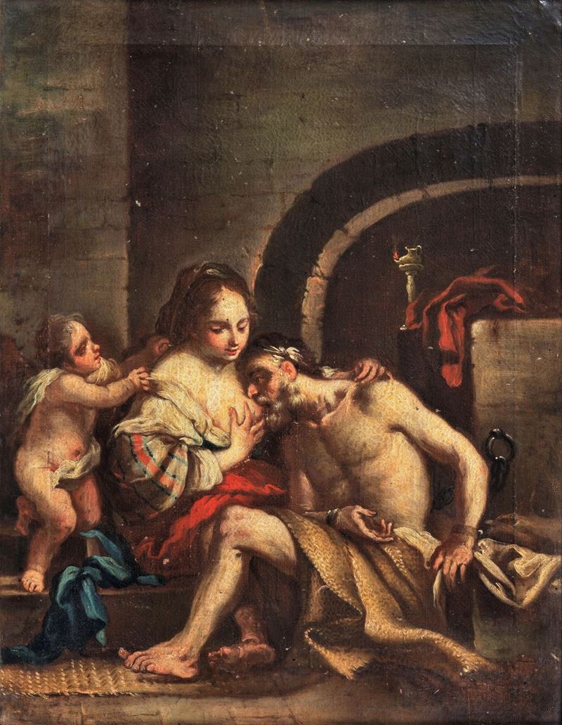 "La Carità Romana" dipinto ad olio su tela di ottimo tratto pittorico