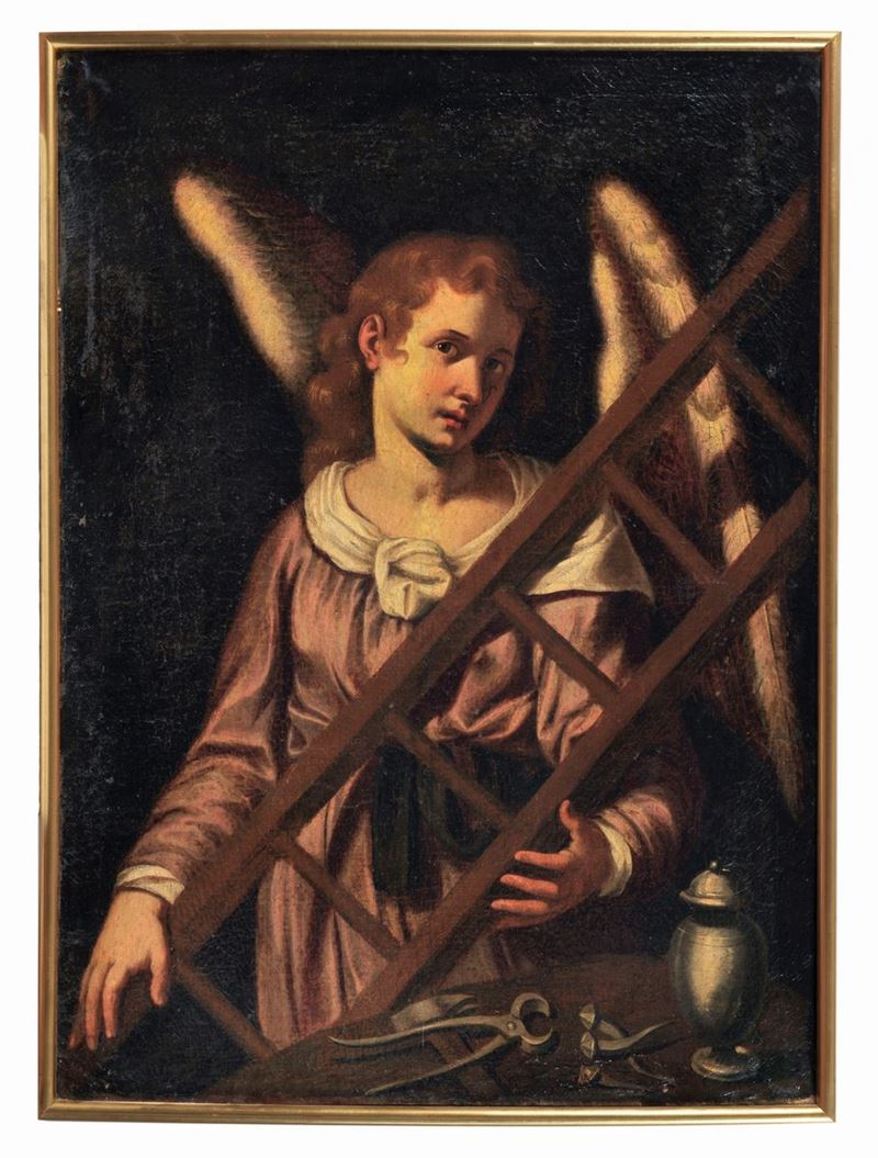 "L'Angelo con gli strumenti della Passione" dipinto ad olio su tela di fine tratto e qualità pitt...