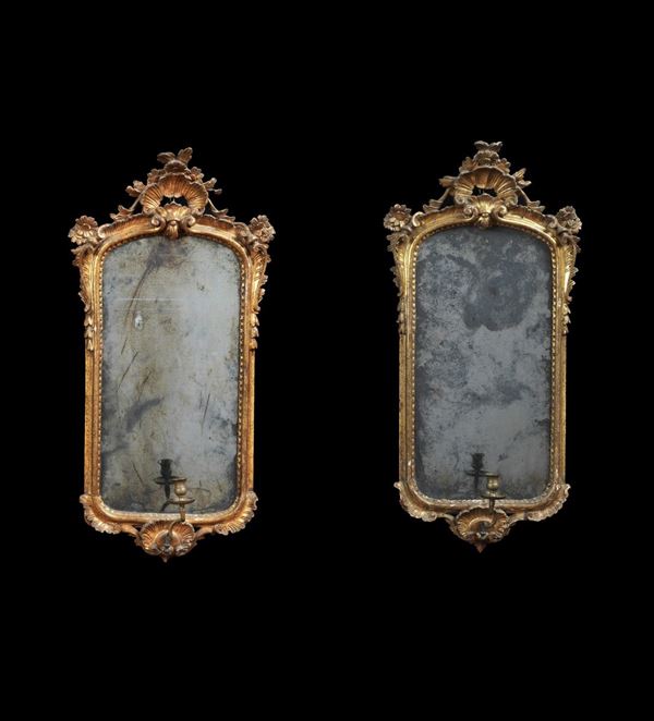 Pair of antique Louis XV mirrors in gilded wood