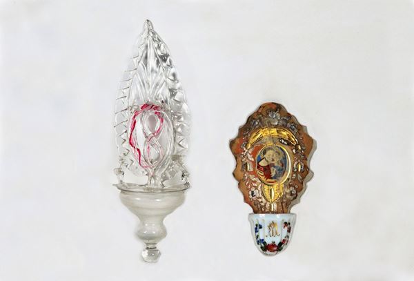 lot of two ancient stoups in crystal, glass and opalines