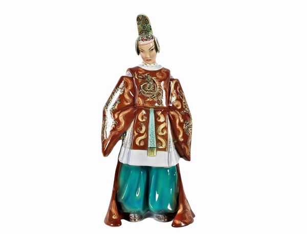 "Emperor" sculpture in majolica terracotta decorated in polychrome under varnish. Signed Ceramiche "Le Bertetti - Torino" serial number 77