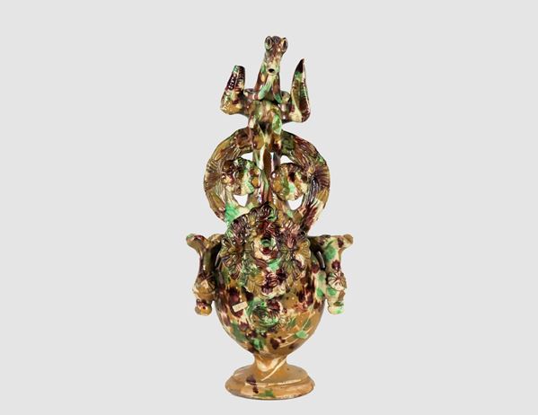 Large handled bottle in glazed majolica from Cerreto in various polychrome colors
