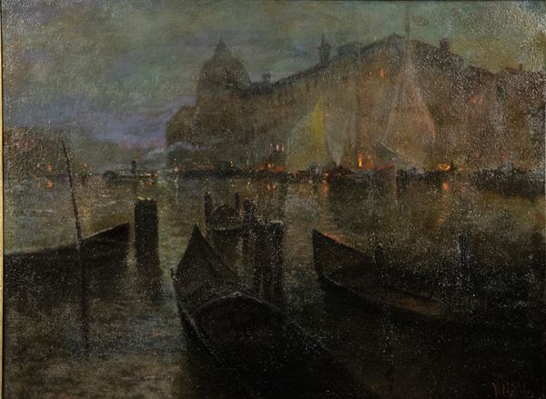 Vincenzo Caprile - &quot;Veduta notturna di Venezia con la laguna&quot;. Reca la firma di. 