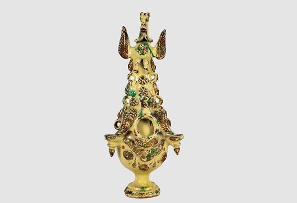 Large handled bottle in glazed majolica from Cerreto in various polychrome colors