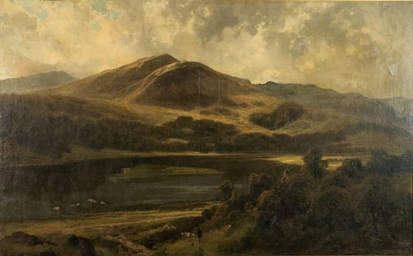 Pittore Inglese XIX Secolo - &quot;Paesaggio Inglese con pastore, gregge e armenti&quot;. Firmato.