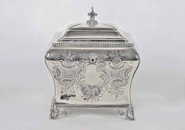 Sheffield casket-shaped tea box, chiseled and embossed with floral scrolls and acanthus leaves