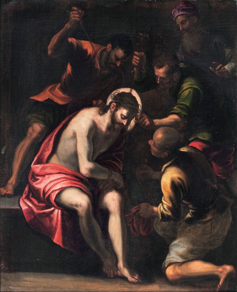 Attribuito. "La Flagellazione di Cristo" dipinto ad olio su tela