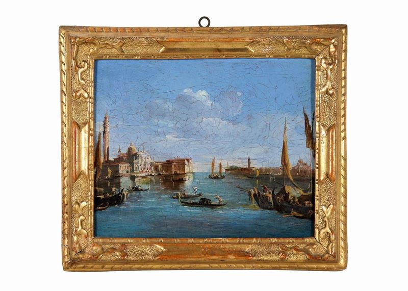 Bottega di. "Veduta di Venezia" piccolo dipinto ad olio su tela di ottima esecuzione pittorica