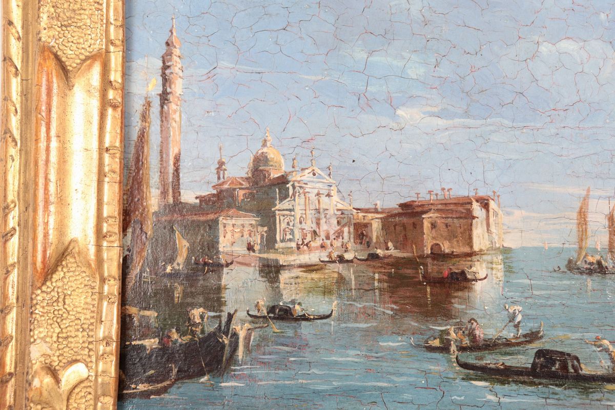 Bottega di. "Veduta di Venezia" piccolo dipinto ad olio su tela di ottima esecuzione pittorica