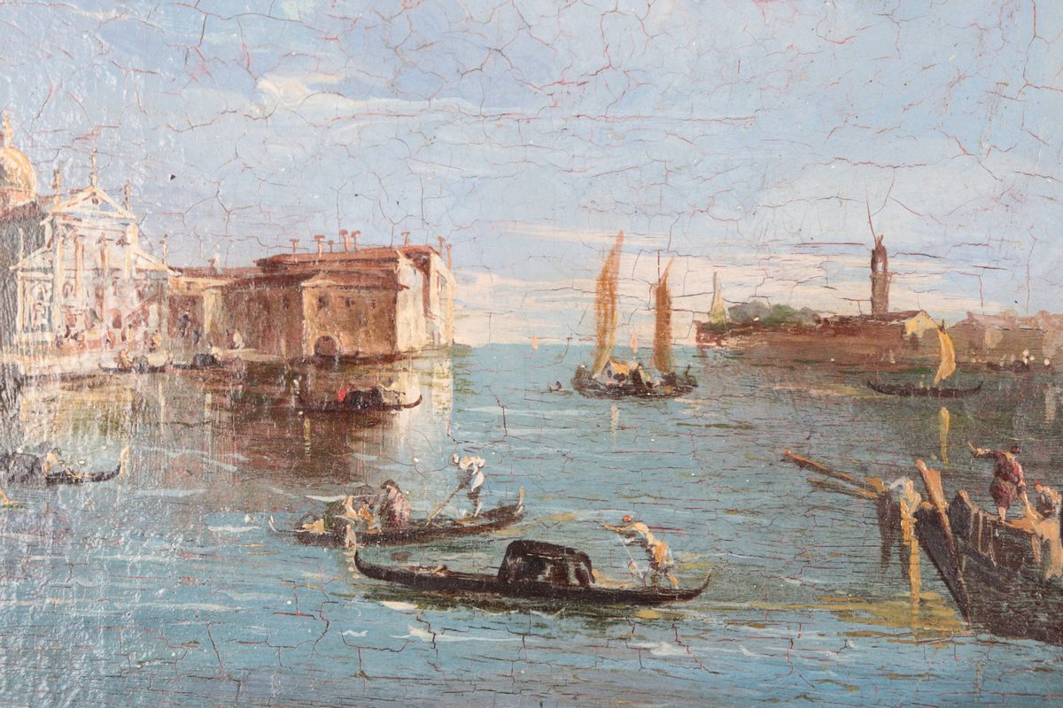 Bottega di. "Veduta di Venezia" piccolo dipinto ad olio su tela di ottima esecuzione pittorica