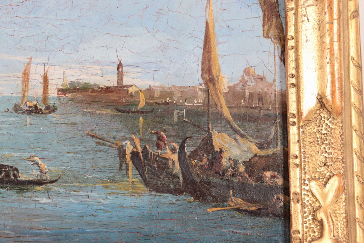 Bottega di. "Veduta di Venezia" piccolo dipinto ad olio su tela di ottima esecuzione pittorica