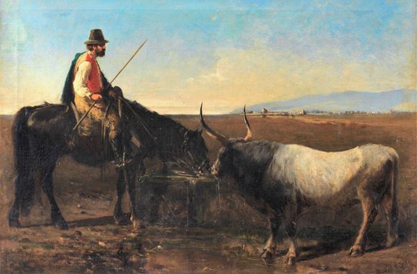 Pittore Romano XIX Secolo - "Landscape with buttero and buffalo" oil painting on canvas of excellent pictorial execution