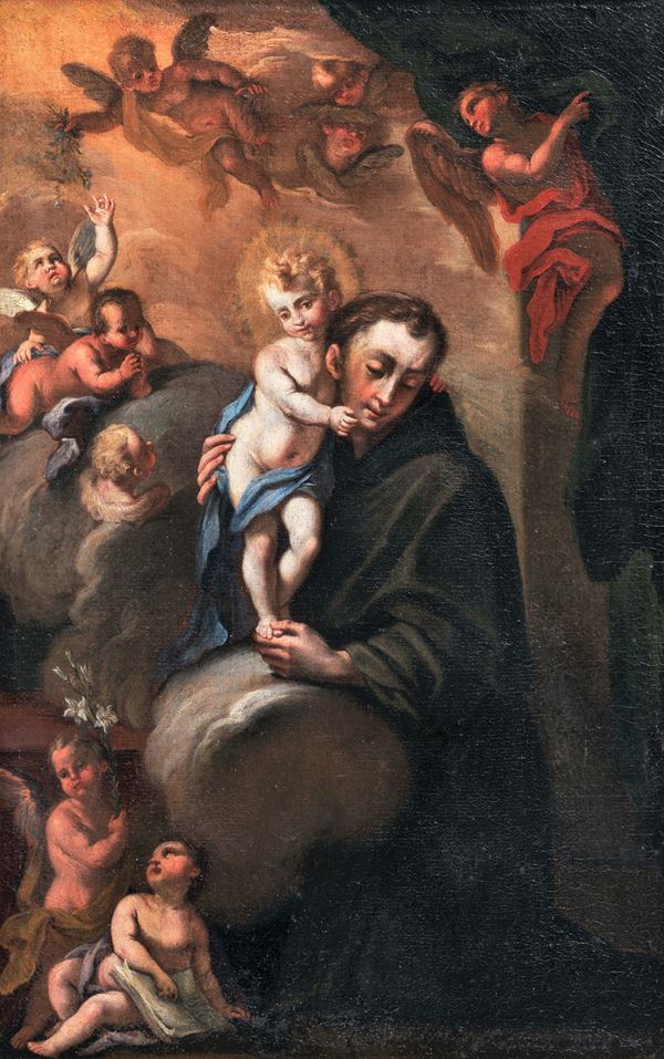Pittore Romano Fine XVII Secolo - "Sant'Antonio col Bambinello" pregevole dipinto ad olio su tela